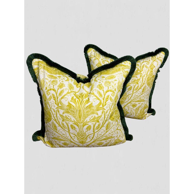 Beautiful custom made pillow pair in Clark & Clark "Forest Trail" Citrus fabric front and back. Forest Green brush fringe....