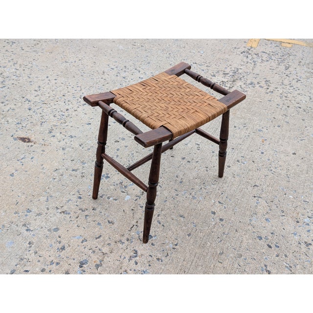 Early 20th Century Early 20th Century Wicker and Turned Oak Wood Stool Bench For Sale - Image 5 of 8