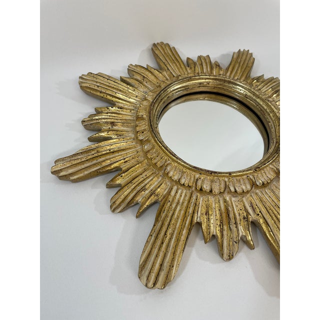 1970s Vintage 16" Gilded Sunburst Wall Mirror With Light Cream Wash For Sale - Image 5 of 15