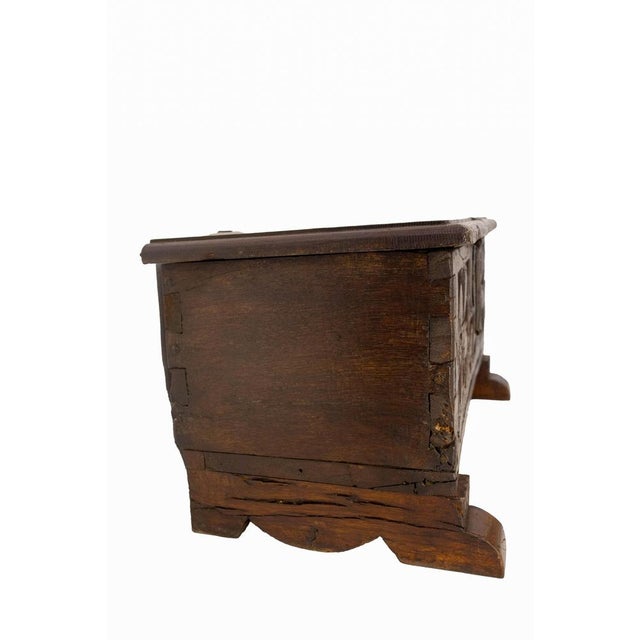 Antique French Rustic Chest in Carved Oak and Wrought Iron, 1900 For Sale - Image 6 of 11