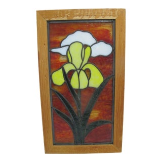 Yellow Iris Flower Stained Glass Wood Framed Sun Catcher Window Hanging For Sale