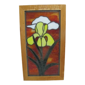 Yellow Iris Flower Stained Glass Wood Framed Window Hanging Sun Catcher Panel