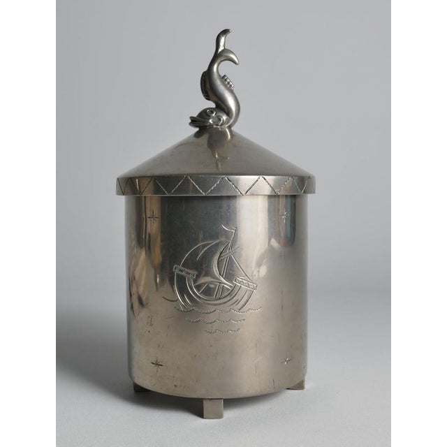 Swedish Pewter Lidded Jar with Sculptural Fish Finial and Ship Engraving, 1928 For Sale - Image 11 of 18