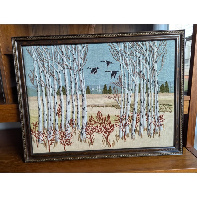 1970s Vintage Erica Wilson Crewel Embroidery Textile Art Framed "Birch Trees & Geese For Sale - Image 10 of 11