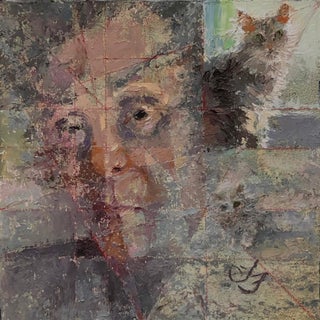 The Watchers by Lisa Fricker | Oil on Panel Portrait of a person with an animal in the background. For Sale