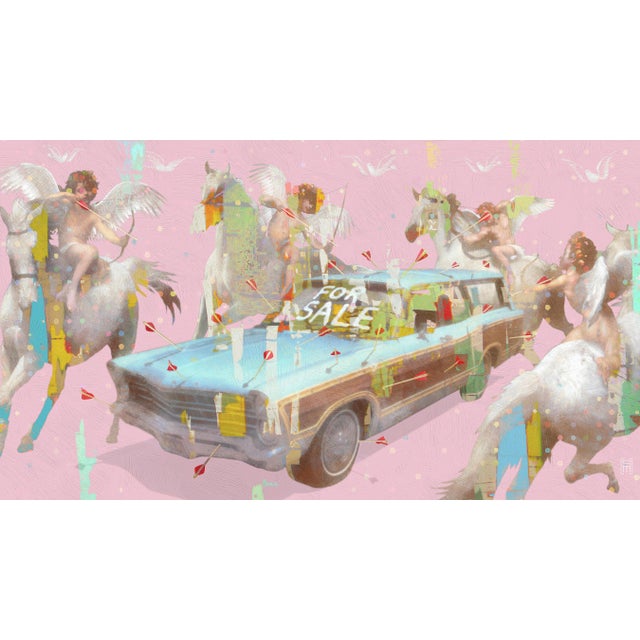 Station Wagon depicts a vintage wood-paneled car surrounded by winged figures, horses, arrows, and scattered bursts of...