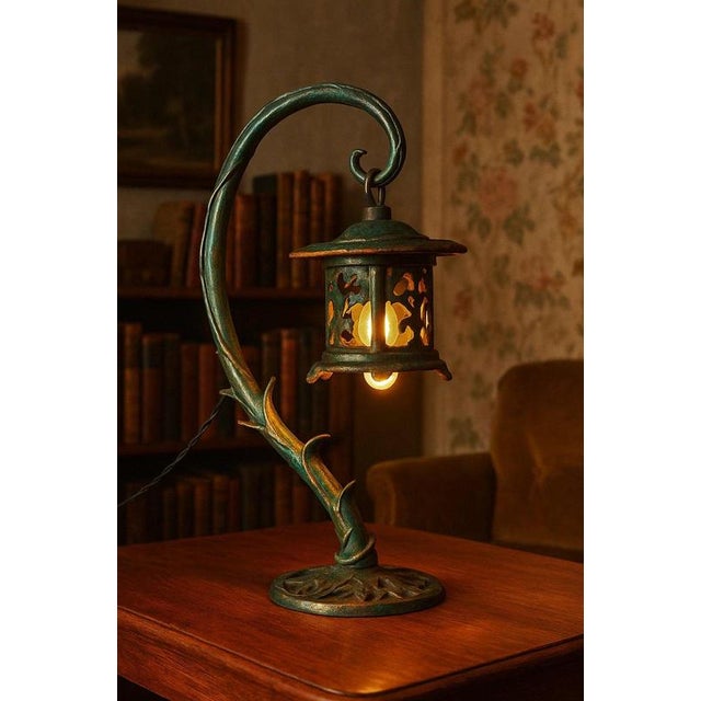 Edwardian Art Nouveau Brass Table Lamp with Hand-Moulded Glass Shade ...