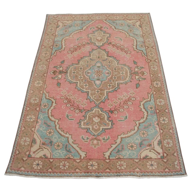 Mid-Century Modern Distressed Turkish Small Rug Hand Knotted Vintage Oushak Area Rug - 3′1″ × 4′9″ For Sale - Image 3 of 12