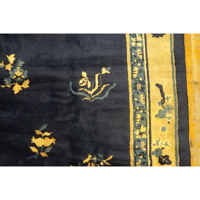 1930s Navy Floral Deco Antique Chinese Peking Knotted Wool Rug 8'2" X 9'8" For Sale In New York - Image 6 of 12
