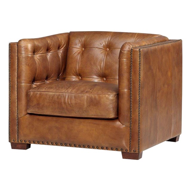 Tuxedo Leather Arm Chair - Light Brown For Sale