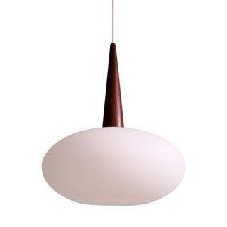Scandinavian Pendant Light in Teak and White Opaline Glass by Louis Kalff for Philips, 1960s For Sale