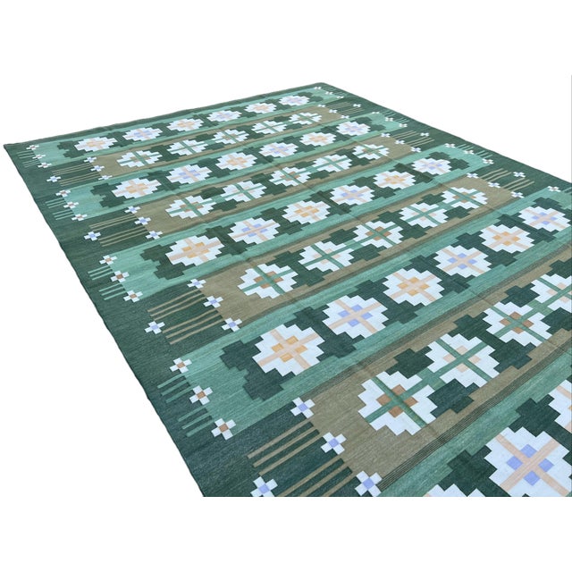 Textile Handmade Cotton Rug, Natural Vegetable Dyed Green and Cream Geometric Rug - 10'x14' For Sale - Image 7 of 11