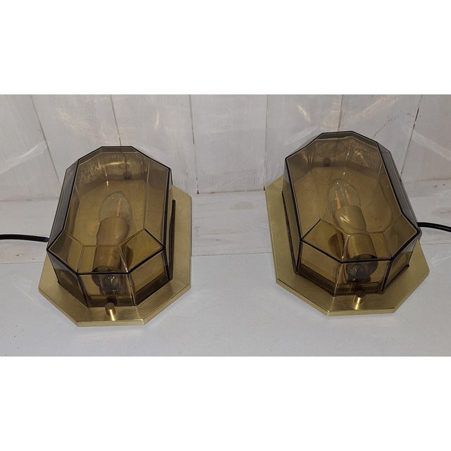 Vintage German Wall Lamps with Brass Frames and Tinted Crystal Glass Shades from Limburg, 1970s, Set of 2 For Sale - Image 4 of 8
