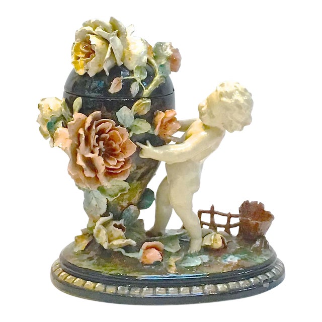 Antique French Barbotine Majolica Cherub & Floral Urn Jar For Sale