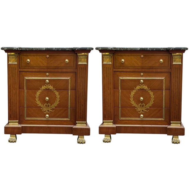 Neoclassical Neo-Classical Style Mahogany & Brass Marble Top Chests Side Tables - Pair For Sale - Image 3 of 6