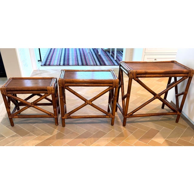 Vintage 1950s Rattan & Mahogany Nesting Tables, Set of Three For Sale - Image 4 of 10