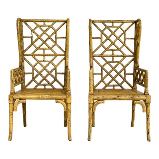 Pair of 2000s GuildMaster Faux Bamboo Chinese Chippendale Chairs For Sale