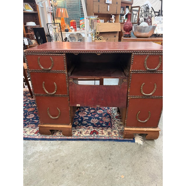 Campaign Mid-Century Western Campaign Leather-Clad Horseshoe Desk For Sale - Image 3 of 9