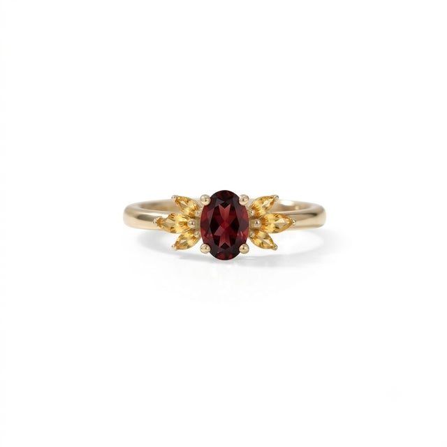 Embrace vibrant color and striking design with this beautifully crafted Oval Garnet and Citrine Cluster Ring. At its heart...