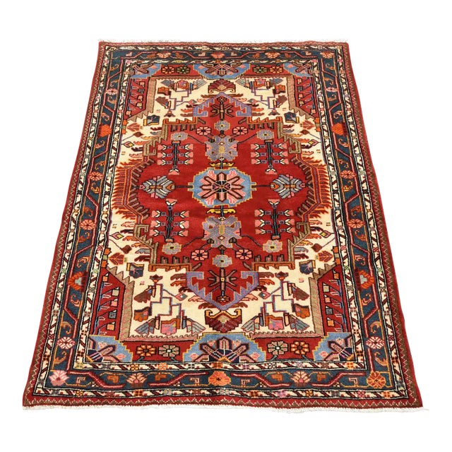 Zanjan Rug 3'10'' X 5'2'' Ivory Wool Vintage Tribal Hand-Knotted Oriental Carpet For Sale