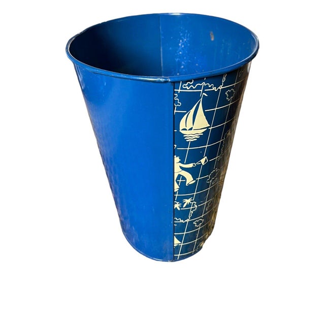 Beautiful Mid Century Modern Oval Shaped Sailor Boats Sea Nautical Blue Waste Bin / Trash Can. Would be perfect for a Set...