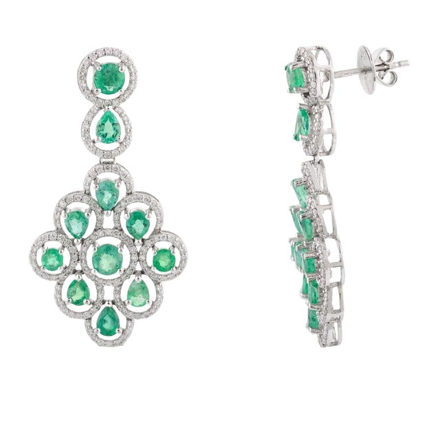 Rare Aaa Emerald Diamond Halo Wedding Dangle Earrings- a Pair For Sale