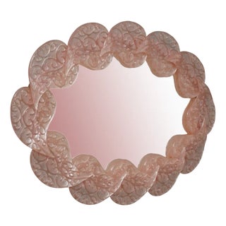 Mid-Century Murano Oval Pink Art Glass and Brass Italian Wall Mirror, 2000s For Sale