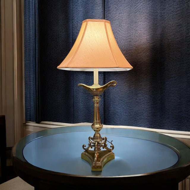 Neoclassical Hollywood Regency Brass Aladdin Tall Table Lamp For Sale - Image 4 of 16