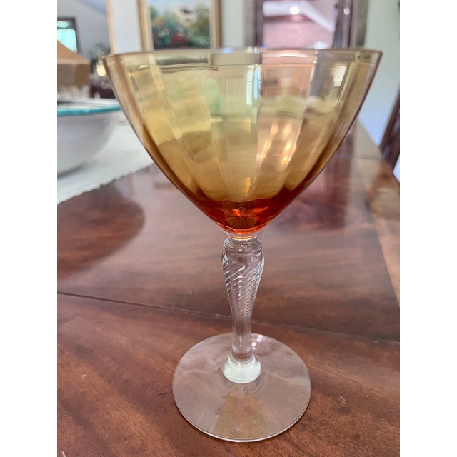 1930s Mid-Century Cambridge Glass Amber & Clear Stem Champagne Coupes - Set of 7 For Sale - Image 17 of 18