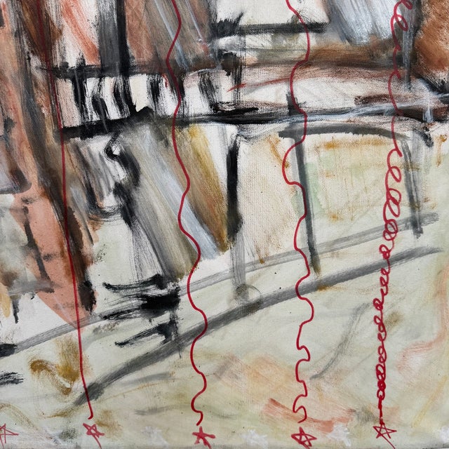 1990s Unsigned Abstract Cityscape Acrylic Canvas Painting For Sale - Image 5 of 8