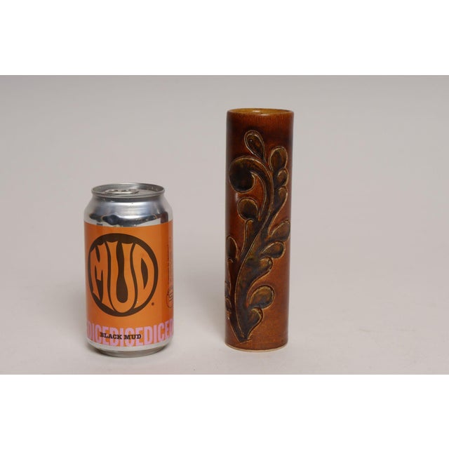 Amber Vintage Studio Pottery Sunburst and Botanical Motif Matte Amber Glazed Vase For Sale - Image 8 of 18