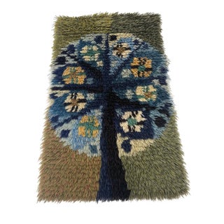 Vintage Mid Century Modern Style Handmade Wool Shag Wall Hanging Fiber Art, Tree of Life Design, Textured Wall Tapestry, Blue & Green Earth Tones For Sale