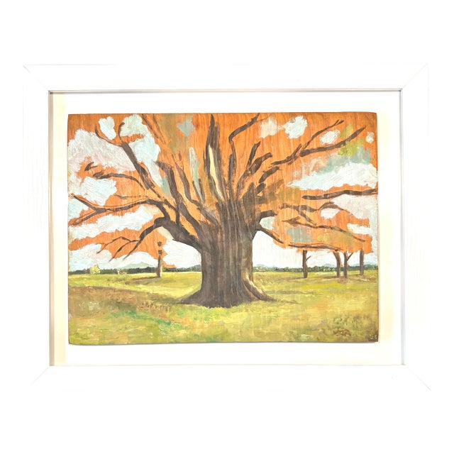 Vintage Landscape Painting on Wood and White Frame For Sale