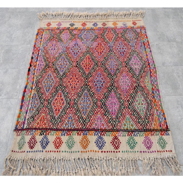 Textile Vintage Hand Woven Kilim Rug. Turkish Jajim Wool Kilim Sofreh Deco Rug Embroidered - 3′5″ X 4′5″ For Sale - Image 7 of 12
