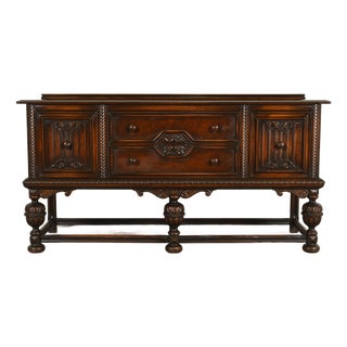 Berkey & Gay Antique English Jacobean Carved Walnut and Burl Wood Sideboard, Circa 1920s For Sale