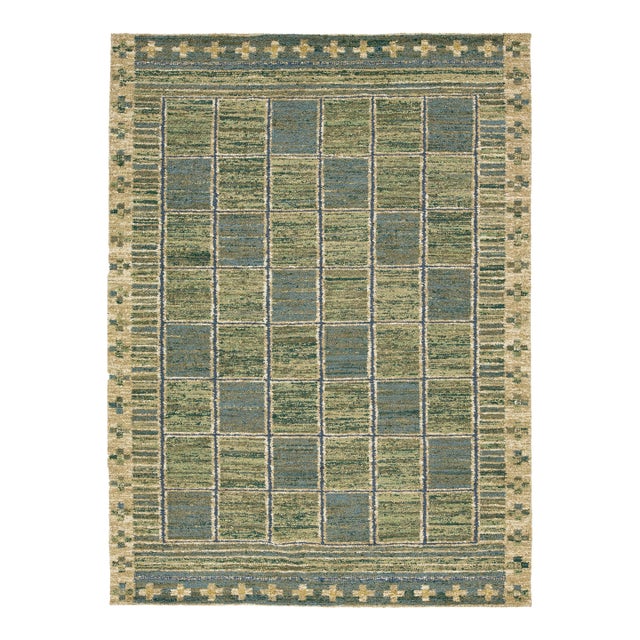 Modern Swedish-Style Flatweave Wool Rug – Moss Green & Slate Blue Geometric Grid For Sale