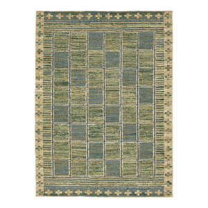 Modern Swedish-Style Flatweave Wool Rug – Moss Green & Slate Blue Geometric Grid