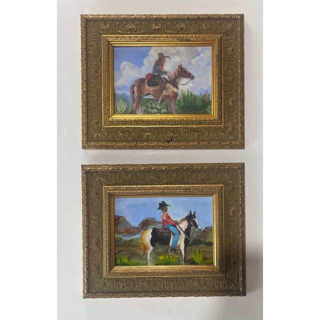 Wood Pair of Small Western Cowboy & Horse Paintings in Ornate Gold Wood Frames - Unsigned Unknown Artist For Sale - Image 7 of 7