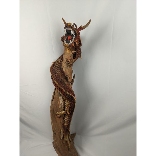 Mid 20th Century Monumental Hand-Carved Asian Dragon Coiled Around Natural Tree Trunk Sculpture With Original Polychrome Finish 40" For Sale - Image 14 of 18