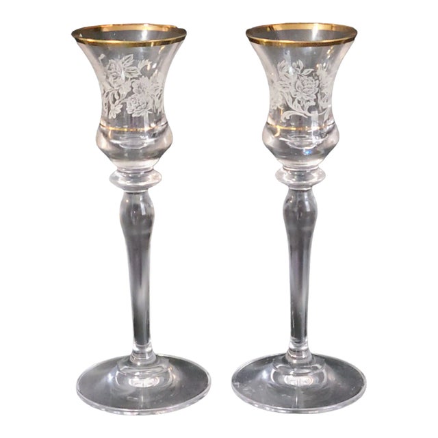 Late 20th Century Mikasa Crystal Pair of Lace Floral Candle Holders Gilded Rim For Sale
