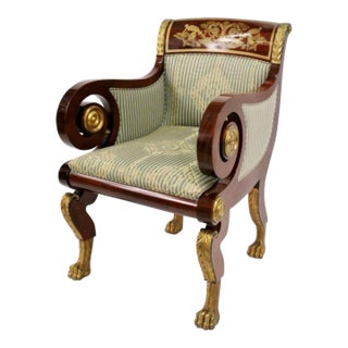 Late 20th Century Kindel Furniture New York Empire Inlaid Scroll Arms Lounge Chair For Sale