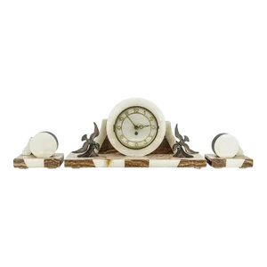 Mid 20th Century Art Deco Seagull Marble Mantel Clock, 3-Pieces