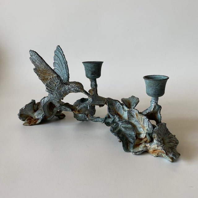 Vintage Spi Triple Candelabra: Pewter, Verde-Patina, Morning Glory Hummingbird For Sale - Image 13 of 18
