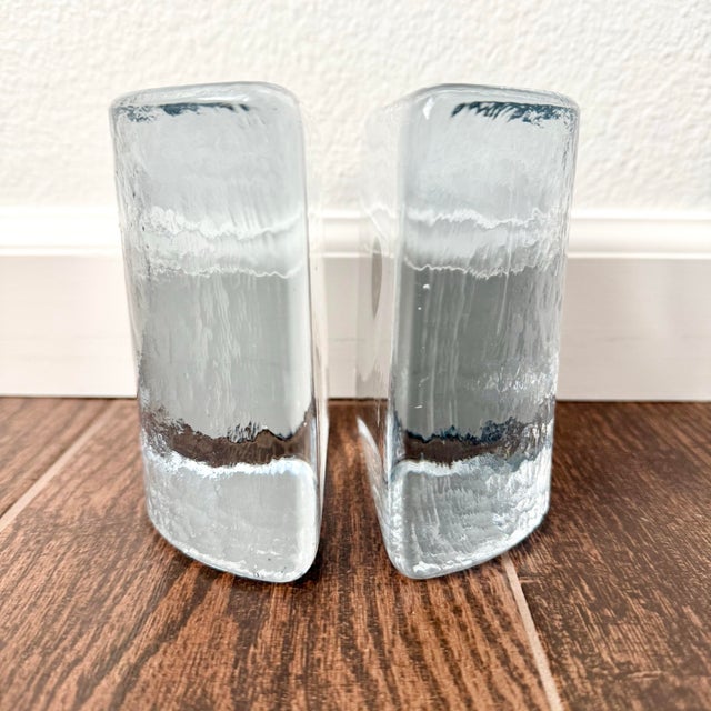 Mid-Century Modern Pair Mid Century Modern Blenko Half Moon Clear Glass Bookends by Wayne Husted For Sale - Image 3 of 12