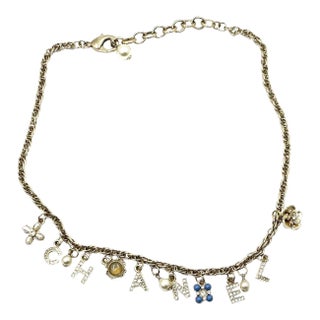 Chanel Gold Letter Crystal Flower Pendants Chain Necklace For Sale