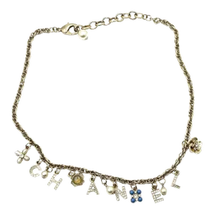 Chanel Gold Letter Crystal Flower Pendants Chain Necklace