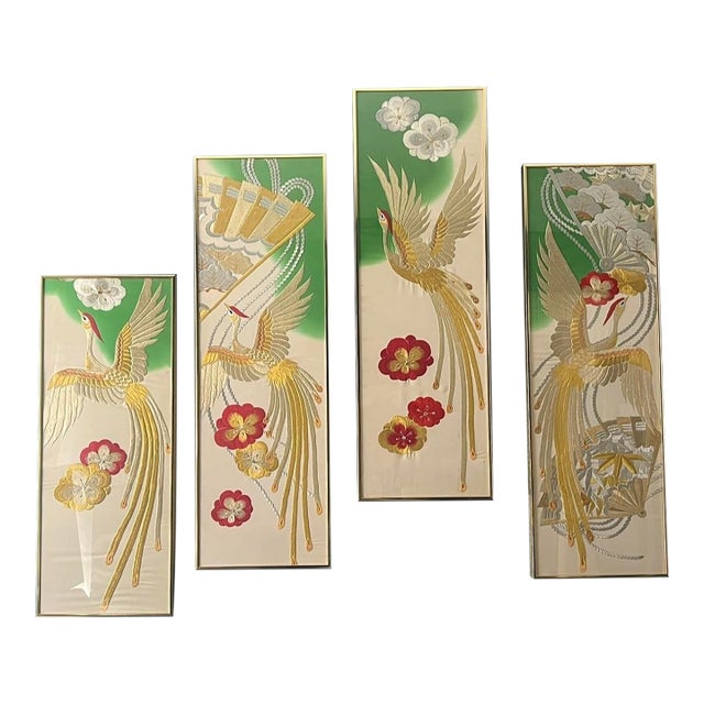 Japanese Kimono Silk Phoenix Embroidered Panels, Four-Panel Set, Mid 20th Century For Sale