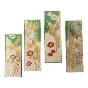 Japanese Kimono Silk Phoenix Embroidered Panels, Four-Panel Set, Mid 20th Century