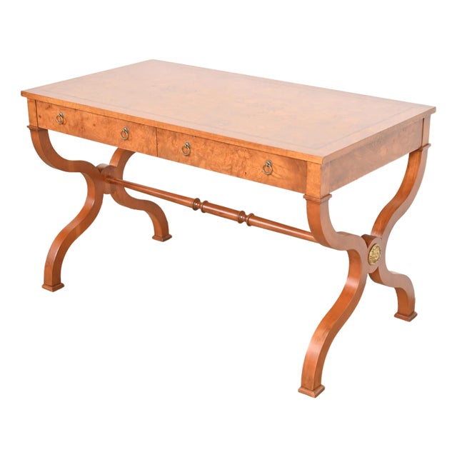 Baker Furniture Regency Burl Wood Writing Desk or Library Table, Newly Refinished For Sale