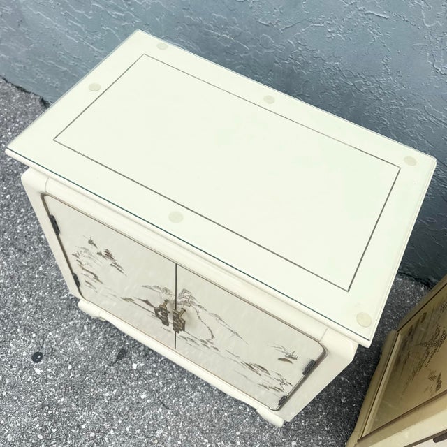 Vintage Chinese Hand Painted Cream and Gold Glass Top Nightstands/Cabinets - A Pair For Sale - Image 11 of 12
